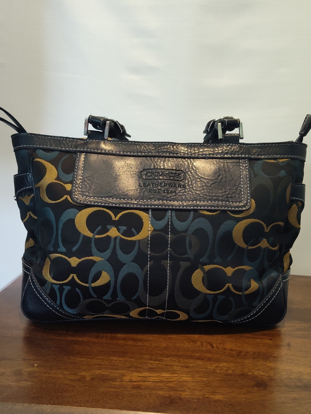 Coach Signature Shoulder Bag in Black, Blue, Green & Gold